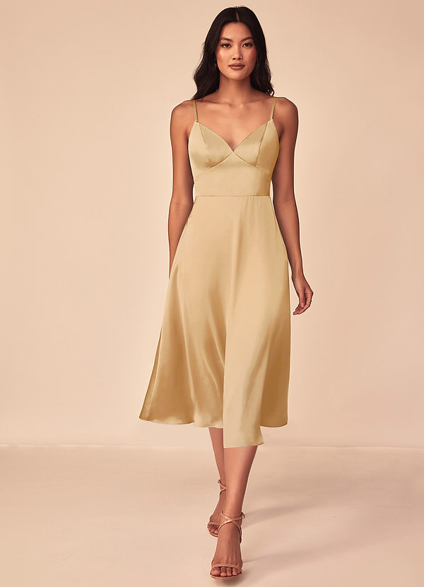 Azazie Dottie Bridesmaid Dresses Gold A-Line Stretch Satin Dress image1