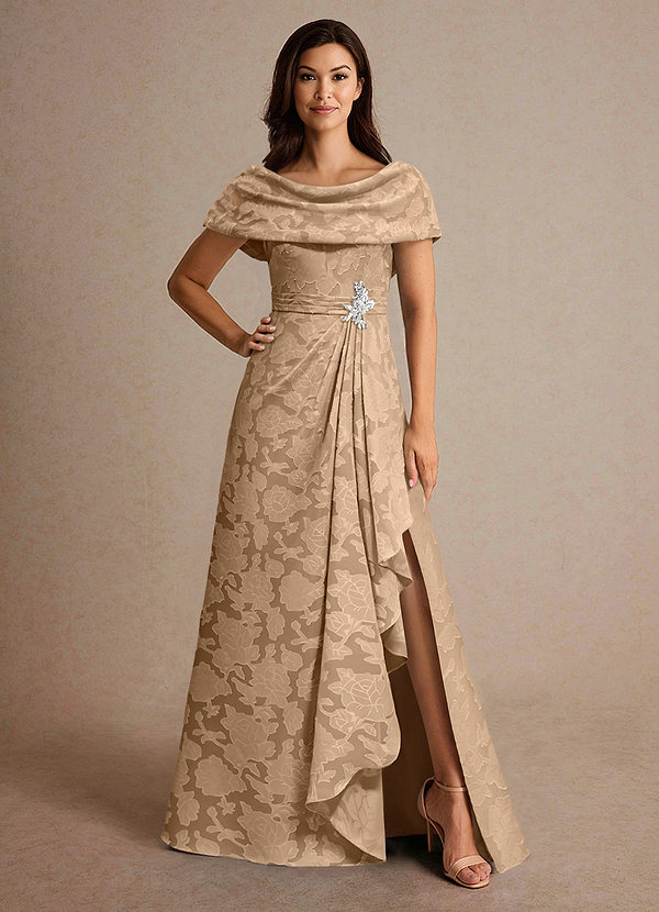 Azazie Branford Vestidos de Madre de la Novia Vestido de Champán de Devorado Floral de Corte En A con Plisado image1