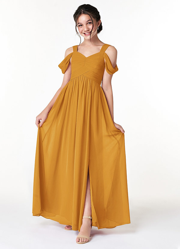 Azazie Lianne Junior Butterscotch A-Line Off the Shoulder Chiffon Dress image1