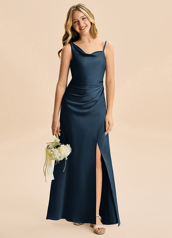 Azazie Abby Junior Dark Navy Sheath Pleated Stretch Satin Dress image1