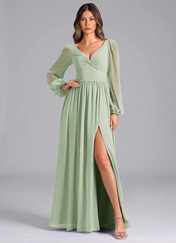 Azazie Zeya Bridesmaid Dresses Dusty Sage A-Line Long Sleeve Chiffon Dress image1