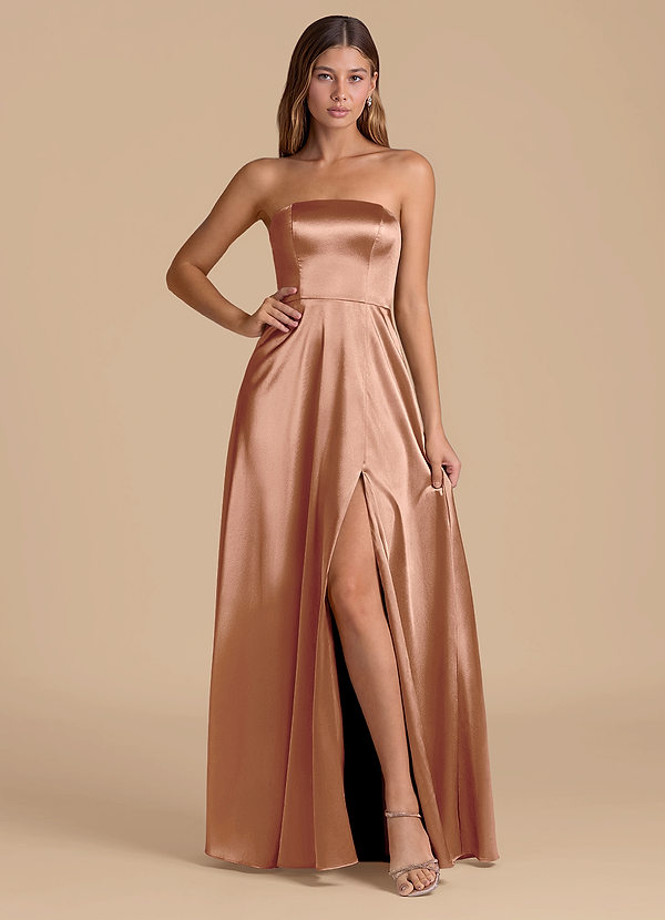 Azazie Wren Bridesmaid Dresses Bronzer A-Line Strapless Metallic Satin Dress image1