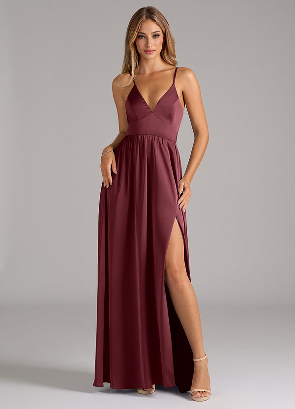 Azazie Aaida Vestidos Dama de Honor Vestido de Merlot de Satén Elástico de Corte en A con Corsé image1