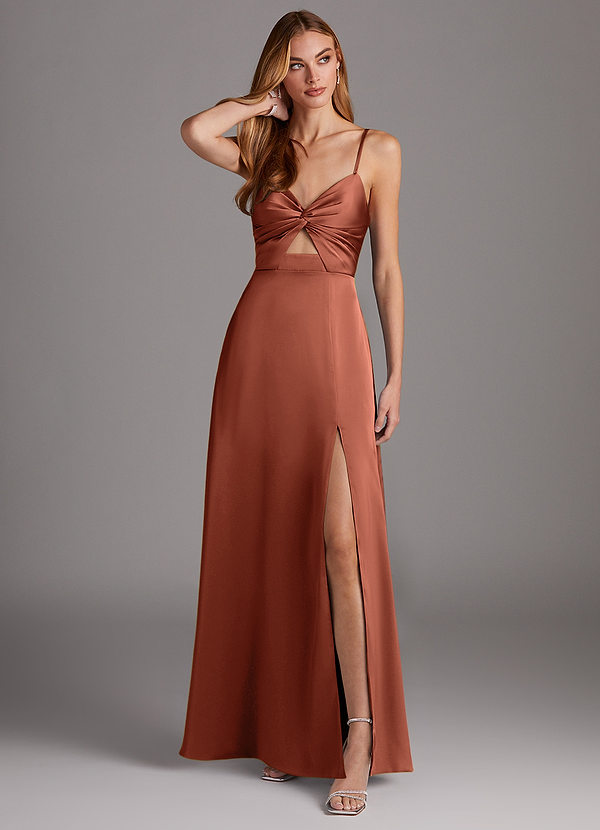 Azazie Jenna Bridesmaid Dresses Clay A-Line Pleated Stretch Satin Dress image1