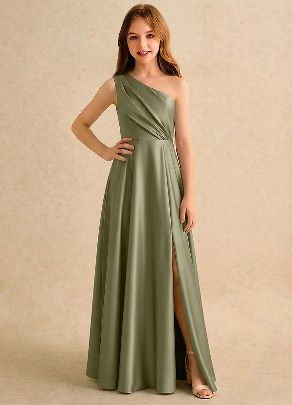 Azazie Puddles Girls Formal Robes de cortège enfant Robe Trapèze en Satin extensible Une épaule Pistache image1