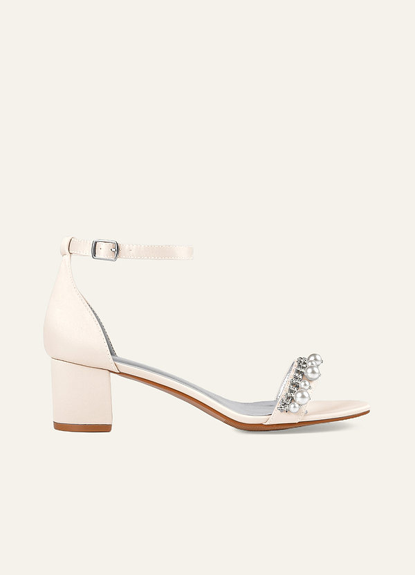 front Matching Color Matte Satin Rhinestone and Pearl Block Heel Sandals