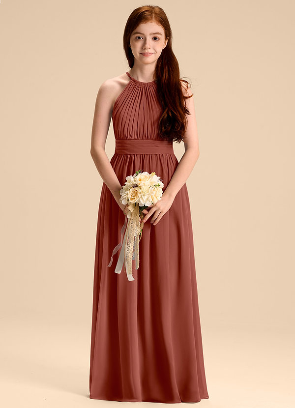Azazie Malone Junior Abito A-Line in Chiffon Plissettato Auburn image1