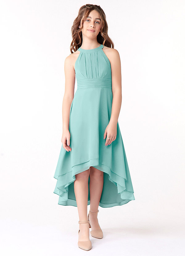 Azazie Linna Junior Vestido de Aqua de Gasa de Corte En A con Plisado image1