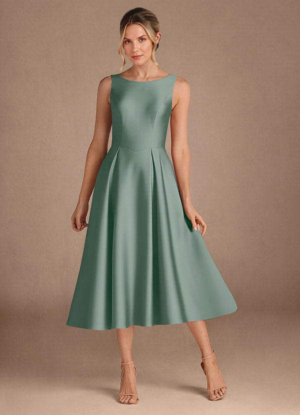 Azazie Fulton Moeder van de Bruid Jurken A-Lijn Jurk van Stretch Satijn Geplooid Zilveren Salie image1