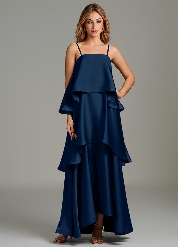 Azalea Bridesmaid Dresses Dark Navy A-Line Ruched Stretch Satin Dress image1