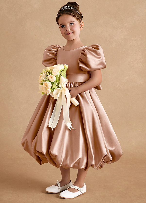 Azazie Jellybean Sukienki dla dziewczynek sypiących kwiaty Suknia balowa Marszczony Matowy satynowy Długość herbaty Sukienka image1