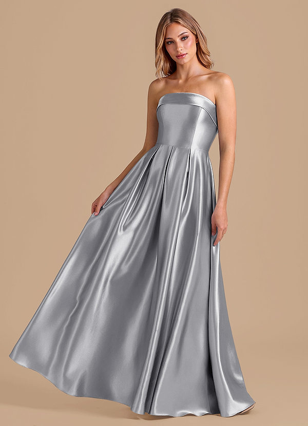 Azazie Lucienne Vestidos Dama de Honor Vestido de Plata de Satén Metálico de Corte en A con Plisado image1
