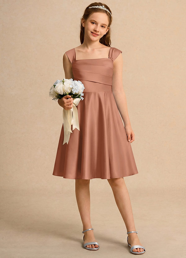 Azazie Budle Girls Formal Flower Girl Dresses Bronzer A-Line Pleated Matte Satin Dress image1