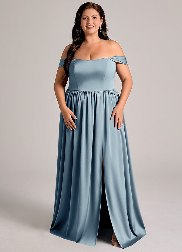 Azazie Calianna Abiti da Damigella Abito Convertibile A-Line in Raso Elasticizzato a Spalla Scoperta Blu Polveroso image1