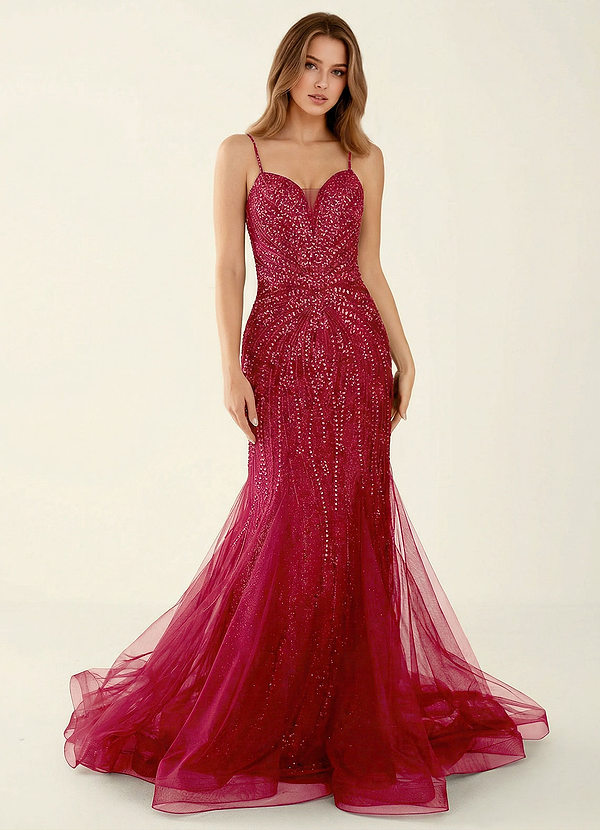 Minerva Rouge Robe de bal sirène corset à col en V ornée de perles image1