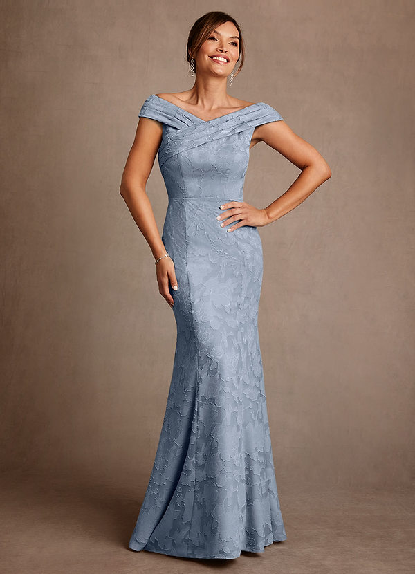Azazie Aberdeen Mother of the Brides Dresses Dusty Blue Sheath Pleated Floral Burnout Dress image1