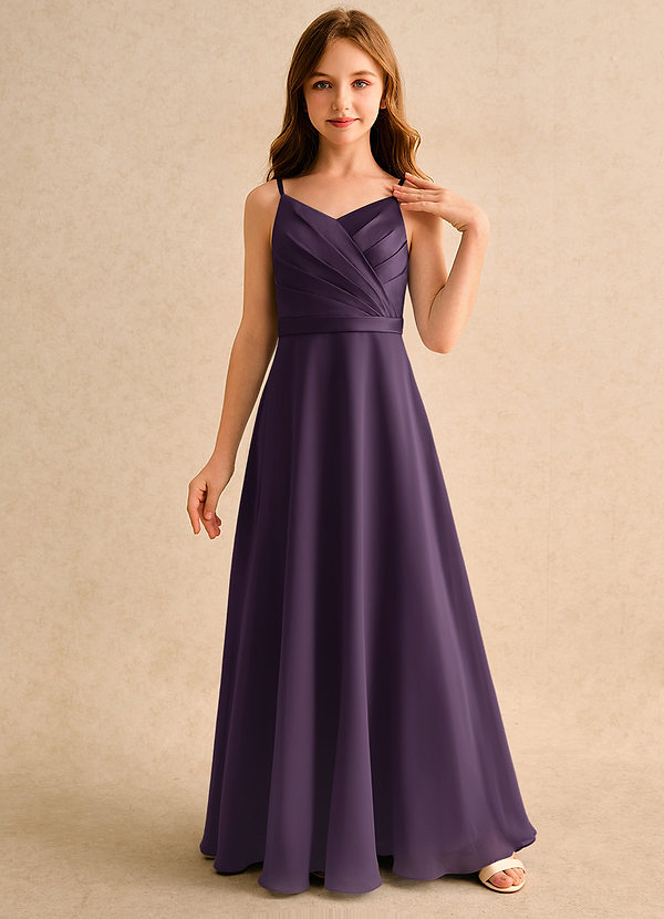 Azazie Umina Girls Formal Bloemenmeisjes Jurken A-Lijn Jurk van Mat Satijn Geplooid Pruim image1