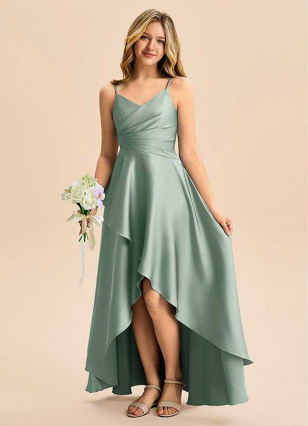 Azazie Eirlys Junior Agave A-Line Pleated Stretch Satin Dress image1