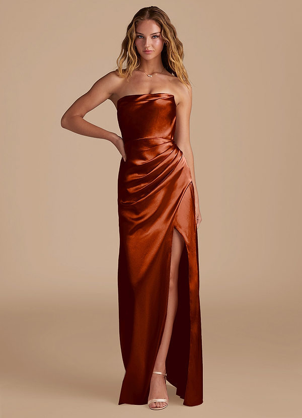 Azazie Leonis Bridesmaid Dresses Auburn Mermaid Pleated Metallic Satin Convertible Dress image1