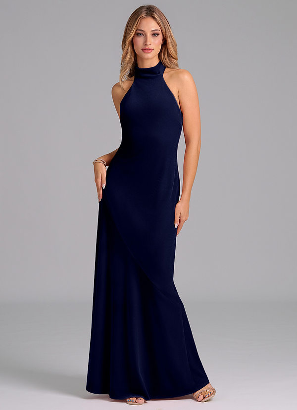 Azazie Velli Robes Demoiselle d'honneur Robe Sirène en velours Col Haut Bleu Marine Foncé image1