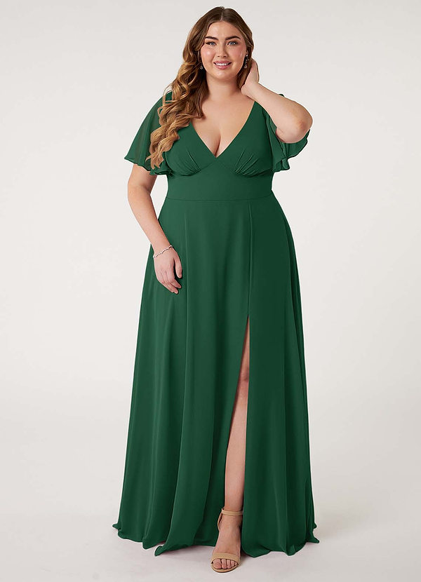 Azazie Kimber Bridesmaid Dresses Dark Green A-Line Flounce Sleeve Chiffon Dress image1