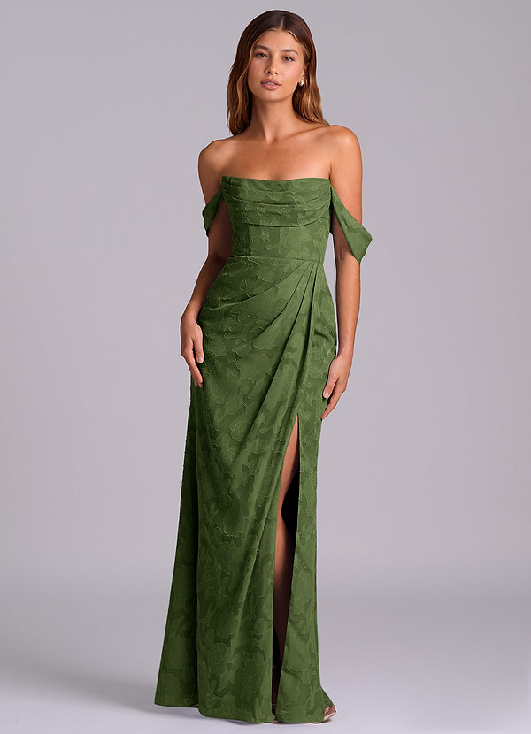 Azazie Johana Robes Demoiselle d'honneur Robe Sirène Convertible en Blumen-Burnout Épaule décolletée Olive image1