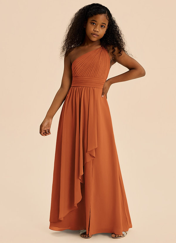 Azazie Skye Junior Abito A-Line in Chiffon Plissettato Cannella image1