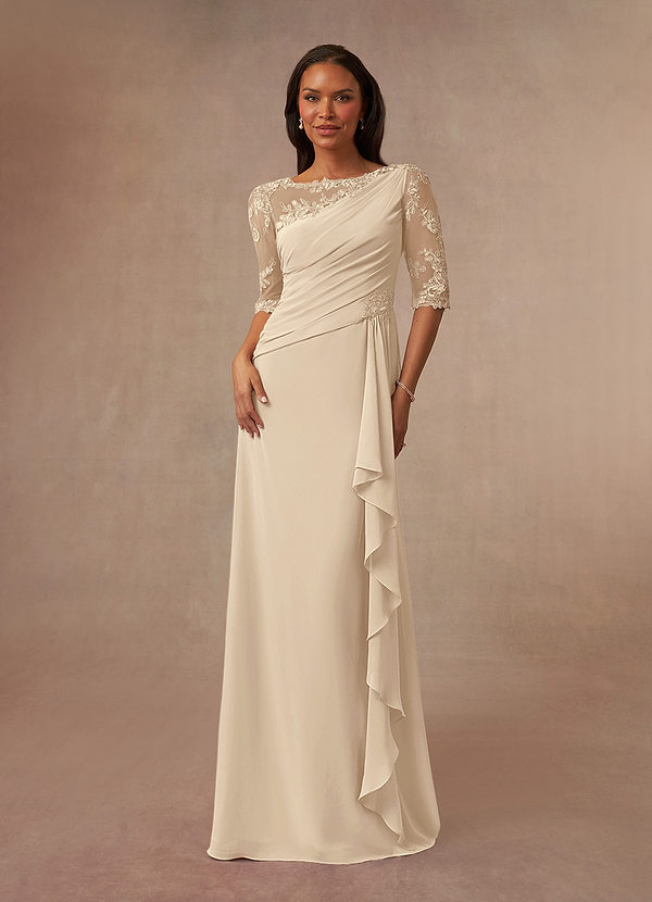 Azazie Dionysus Mother of the Brides Dresses Champagne A-Line Boatneck Lace Chiffon Dress image1