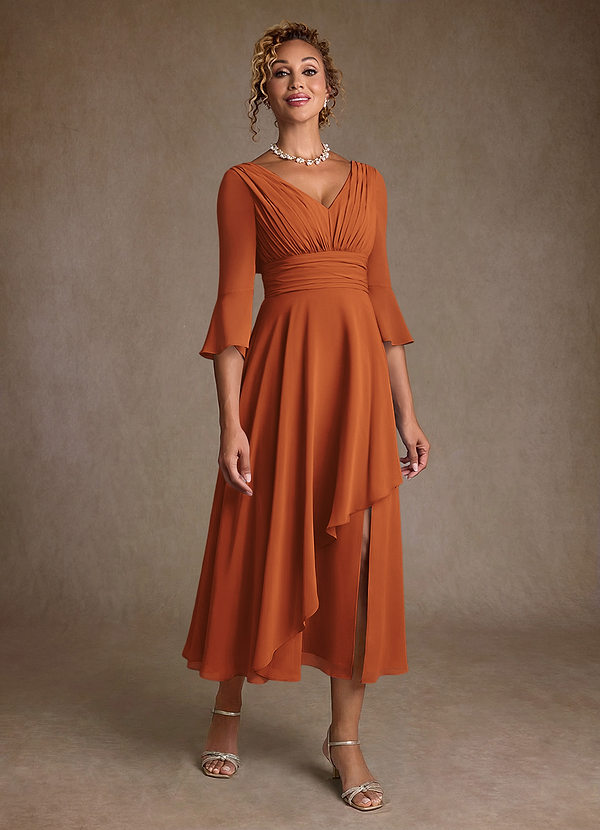 Azazie Aerynne Moeder van de Bruid Jurken A-Lijn Jurk van Chiffon Geplooid Kaneel image1