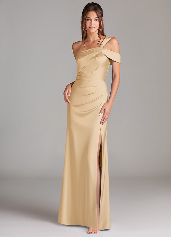 Azazie Wynter Bridesmaid Dresses Gold Sheath Off the Shoulder Stretch Satin Dress image1