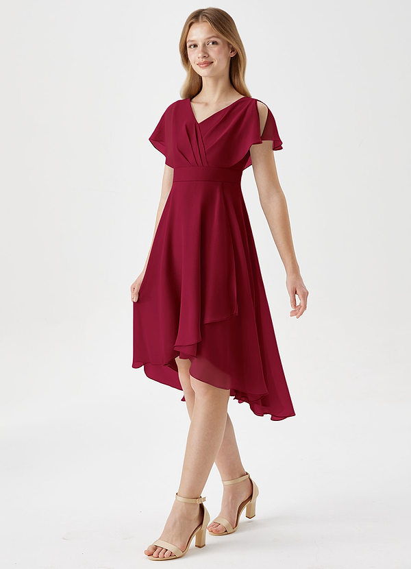 Azazie Graciela Junior Burgundy A-Line Pleated Chiffon Dress image1