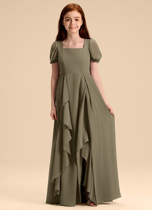 Azazie Priya Junior Vestido de Verde Sauce de Gasa de Corte en A con Blusón image1