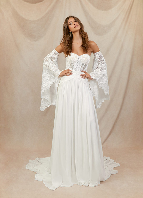 Azazie Rhya Wedding Dresses Diamond White A-Line Off the Shoulder Lace Dress image1