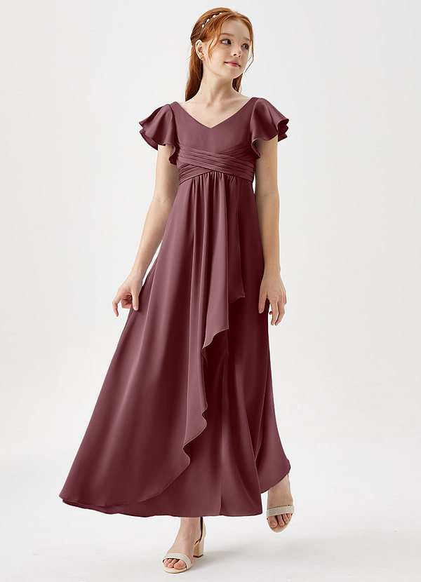 Azazie Omari Junior Robe Trapèze en Satin extensible Plissée Sangria image1