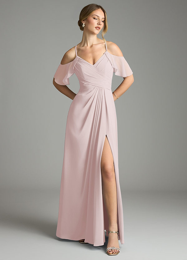 Azazie Dakota Bridesmaid Dresses Blushing Pink A-Line V-Neck Pleated Chiffon Dress image1