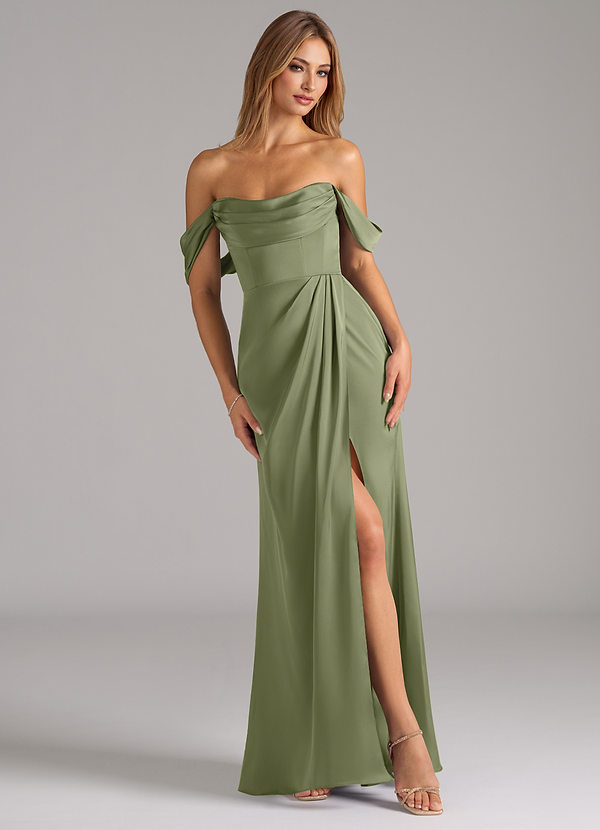 Azazie Johana Bridesmaid Dresses Garden Sage Mermaid Off the Shoulder Stretch Satin Convertible Dress image1