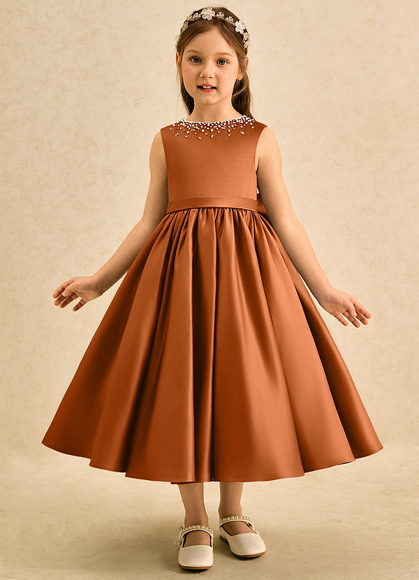 Azazie Doodle Flower Girl Dresses Copper Ball-Gown Bow Matte Satin Dress image1