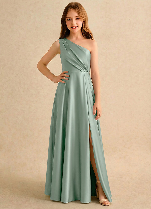 Azazie Puddles Girls Formal Bloemenmeisjesjurken A-lijn Jurk van Stretch Satijn One-shoulder Agave image1