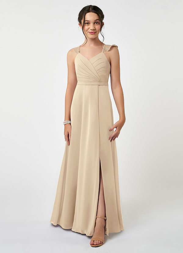 Azazie Emily Junior A-Linie Gestreift Chiffon Kleid Champagner image1