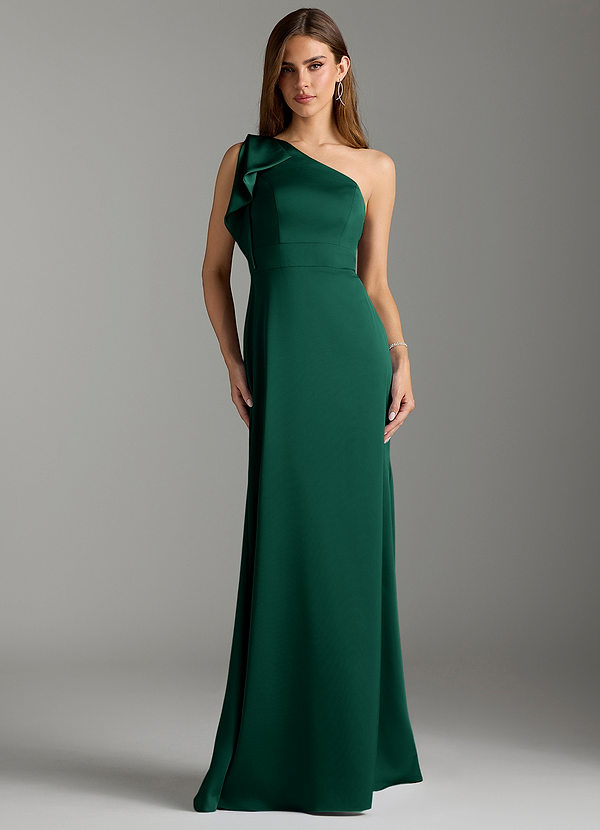 Azazie Rinna Bridesmaid Dresses Emerald Mermaid Ruched Stretch Satin Dress image1
