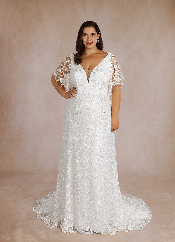 Azazie Callista Wedding Dresses Diamond White A-Line V-Neck Lace Dress image1