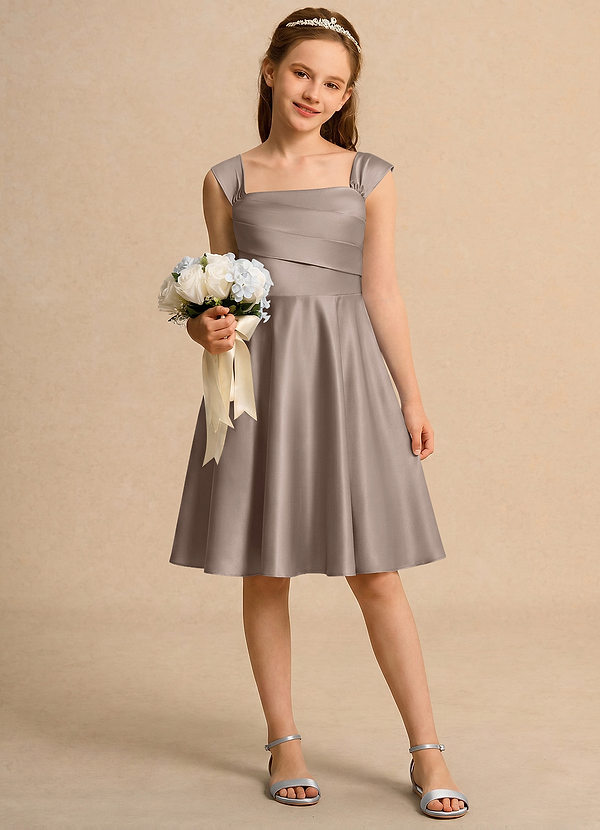 Azazie Budle Girls Formal Flower Girl Dresses Taupe A-Line Pleated Matte Satin Dress image1