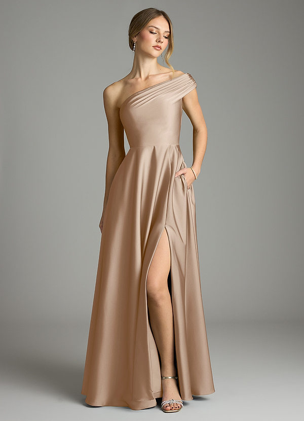 Azazie Melanie Bridesmaid Dresses Taupe A-Line Off the Shoulder Stretch Satin Dress image1