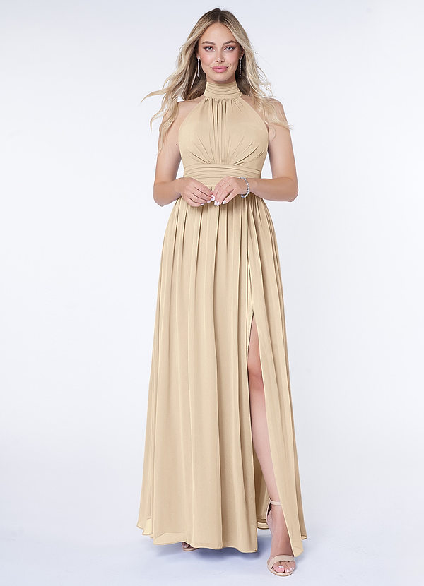 Azazie Iman Bridesmaid Dresses Champagne A-Line A-Line Ruched Chiffon Dress image1