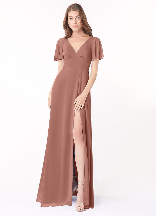 Azazie Kimber Bridesmaid Dresses Cedar Rose A-Line Flounce Sleeve Chiffon Dress image1