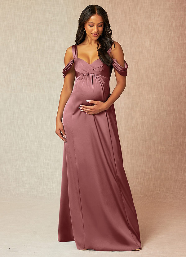 Azazie Rhea Vestidos de dama de honor de maternidad Vestido de Corte En A Off The Shoulder Plisado Hasta el suelo Satén Elástico image1