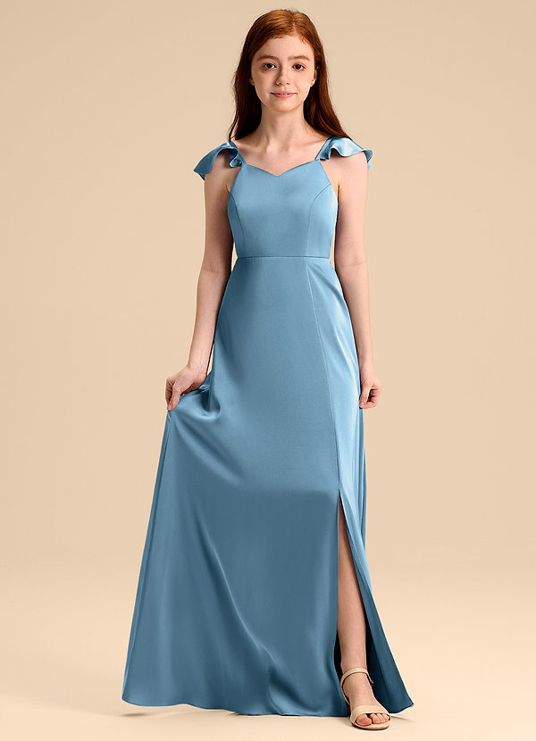 Azazie Everett Junior Abito A-Line in Raso Elasticizzato Fiocco Blu Acciaio image1