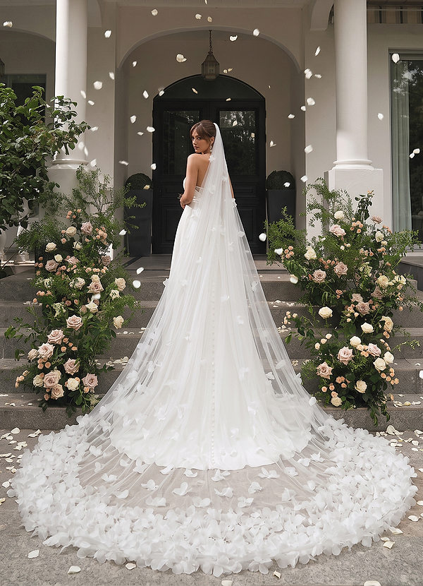 front Scattered 3D Flowers Cathedral Length Veil