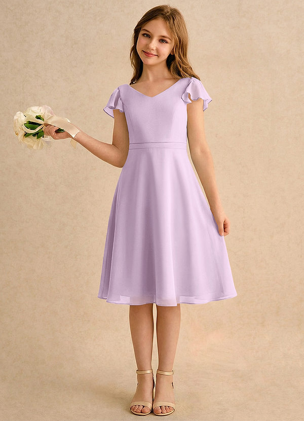 Azazie Narin Girls Formal Sukienki dla dziewczynek sypiących kwiaty Linia A z rękawami Szyfon Długość do kolan Sukienka image1