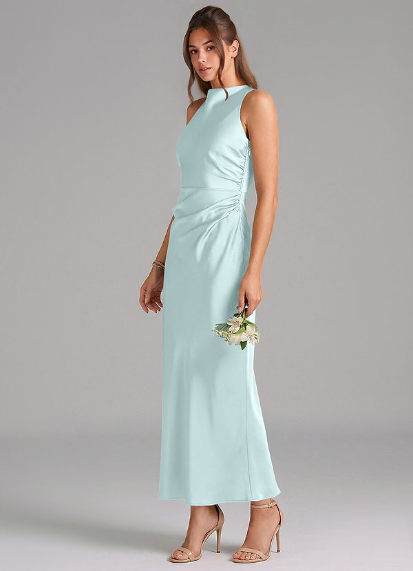 Azazie Evadne Vestidos Dama de Honor Vestido de Vidrio Marino de Satén Elástico de Corte Recto con Plisado image1